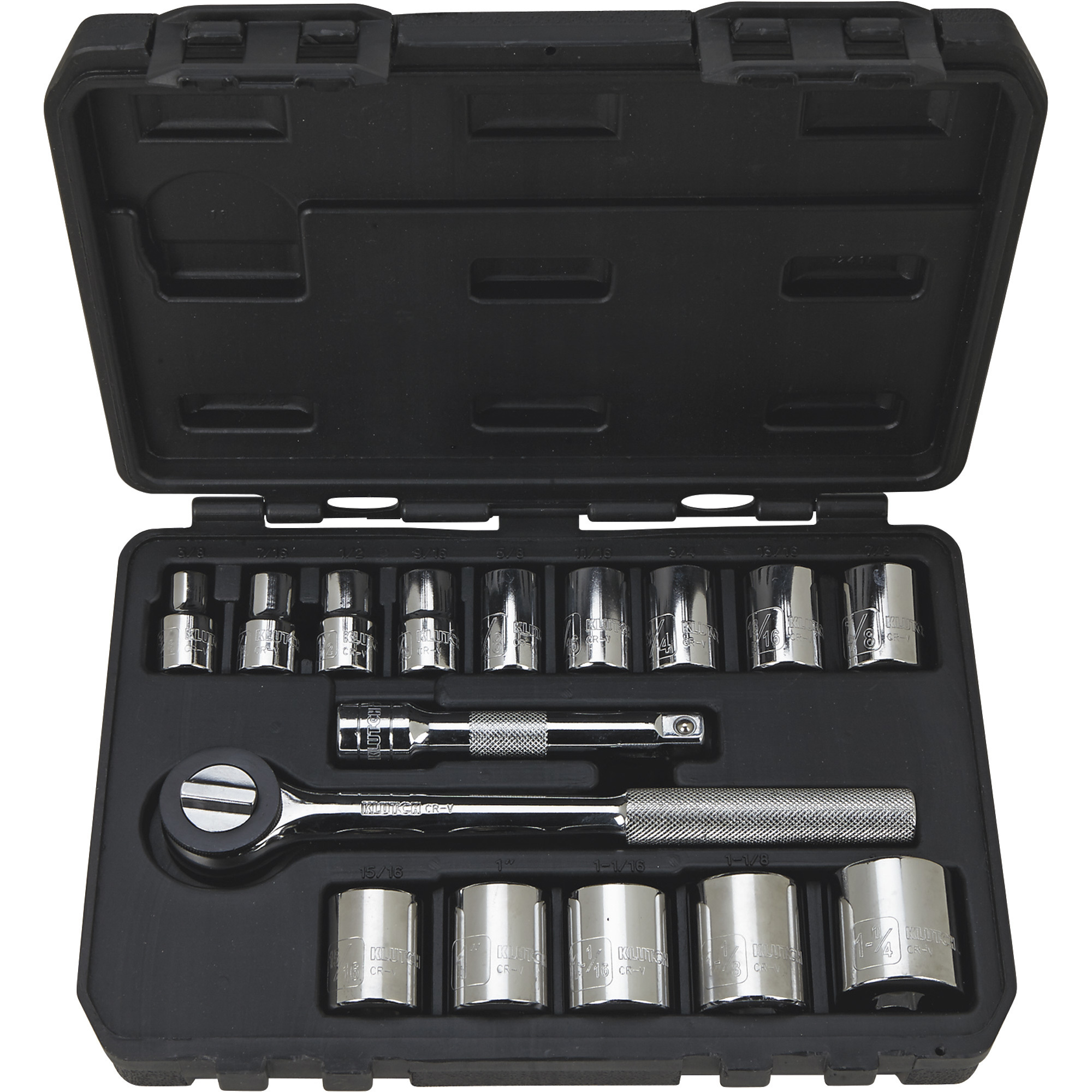 Klutch 6-Pt. Socket Set, 16-Pc., SAE, 1/2in. Drive, Chrome Vanadium Steel